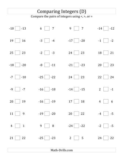 The Comparing Integers in Close Proximity from -25 to 25 (D) Math Worksheet
