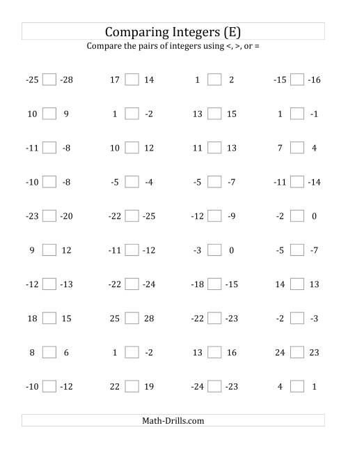 The Comparing Integers in Close Proximity from -25 to 25 (E) Math Worksheet