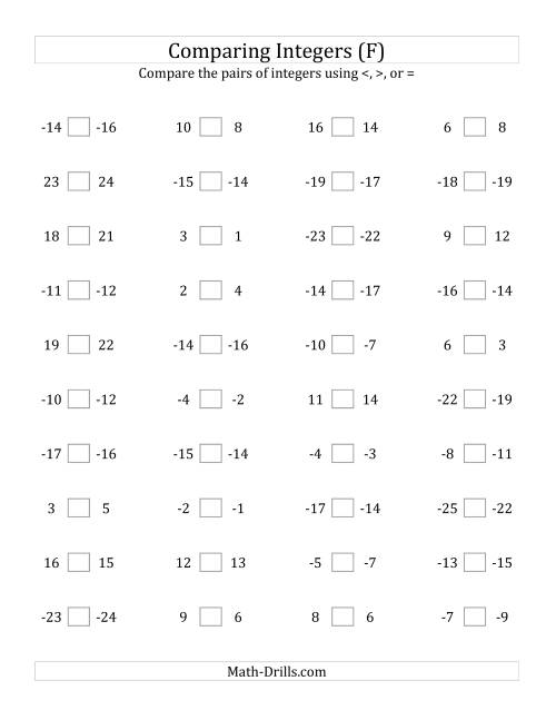 The Comparing Integers in Close Proximity from -25 to 25 (F) Math Worksheet