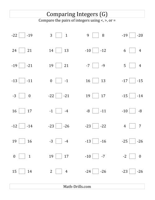 The Comparing Integers in Close Proximity from -25 to 25 (G) Math Worksheet