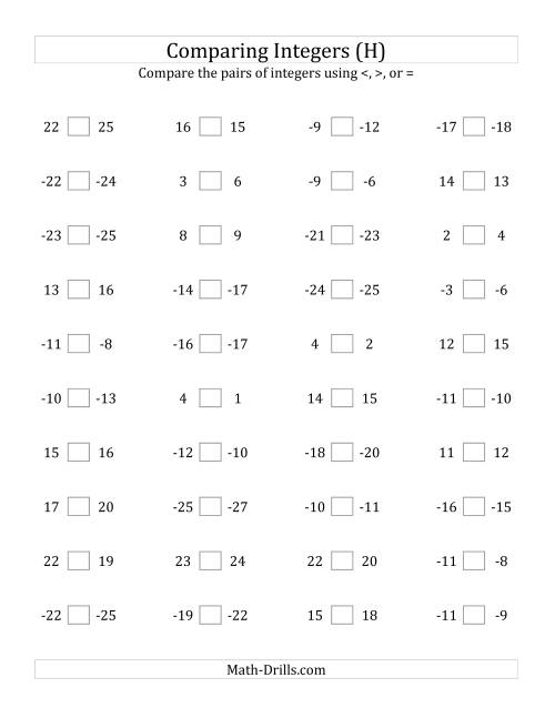 The Comparing Integers in Close Proximity from -25 to 25 (H) Math Worksheet
