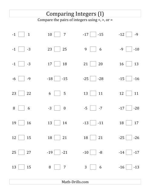The Comparing Integers in Close Proximity from -25 to 25 (I) Math Worksheet