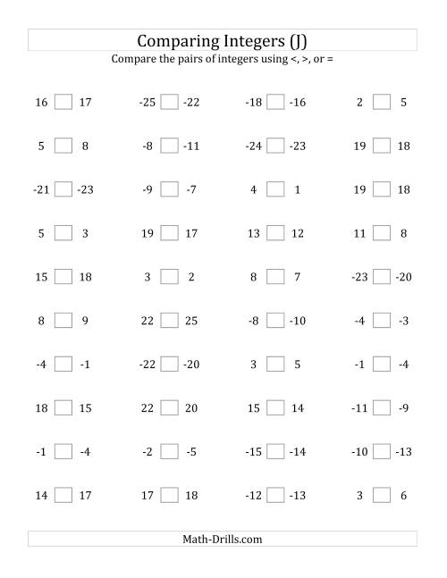 The Comparing Integers in Close Proximity from -25 to 25 (J) Math Worksheet