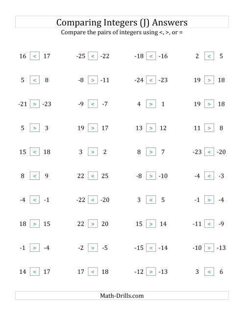The Comparing Integers in Close Proximity from -25 to 25 (J) Math Worksheet Page 2