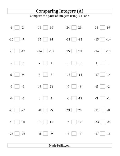 The Comparing Integers in Close Proximity from -25 to 25 (All) Math Worksheet