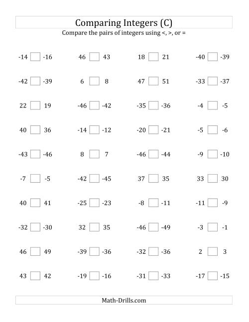The Comparing Integers in Close Proximity from -50 to 50 (C) Math Worksheet