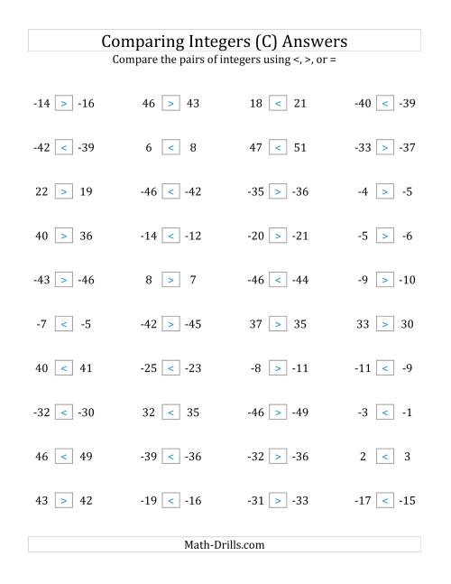 The Comparing Integers in Close Proximity from -50 to 50 (C) Math Worksheet Page 2
