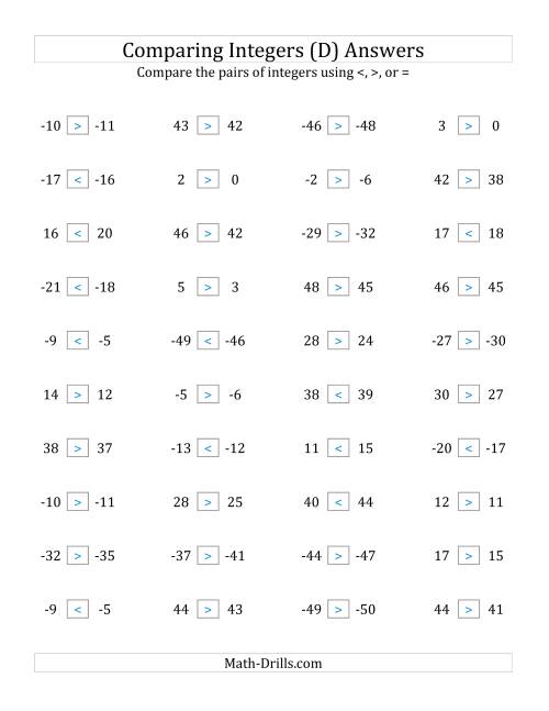 The Comparing Integers in Close Proximity from -50 to 50 (D) Math Worksheet Page 2