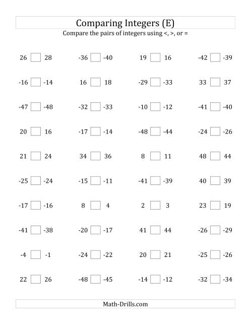 The Comparing Integers in Close Proximity from -50 to 50 (E) Math Worksheet