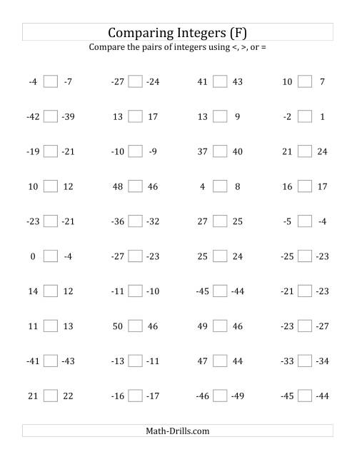 The Comparing Integers in Close Proximity from -50 to 50 (F) Math Worksheet