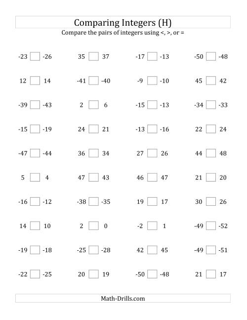 The Comparing Integers in Close Proximity from -50 to 50 (H) Math Worksheet