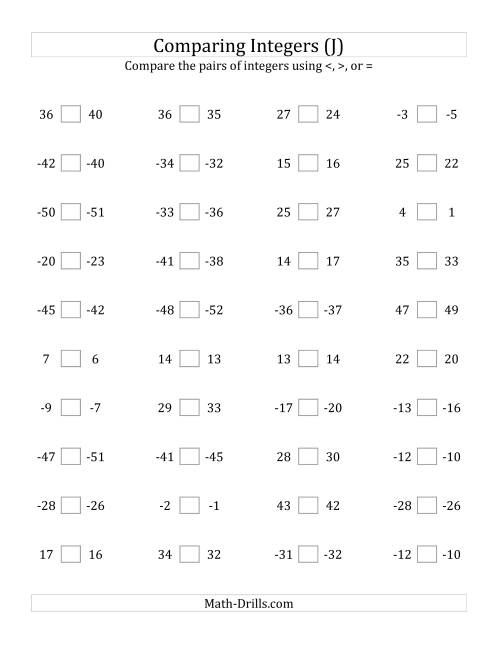 The Comparing Integers in Close Proximity from -50 to 50 (J) Math Worksheet
