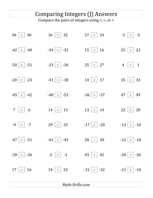 The Comparing Integers in Close Proximity from -50 to 50 (J) Math Worksheet Page 2