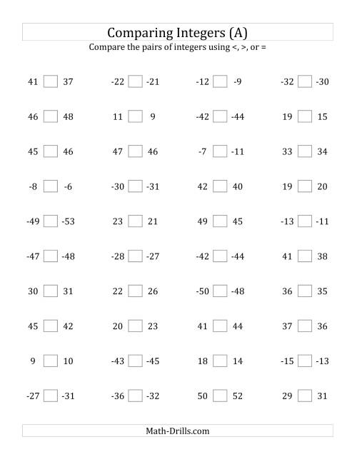 The Comparing Integers in Close Proximity from -50 to 50 (All) Math Worksheet