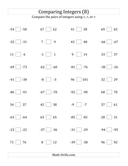 The Comparing Integers in Close Proximity from -99 to 99 (B) Math Worksheet