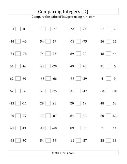 The Comparing Integers in Close Proximity from -99 to 99 (D) Math Worksheet