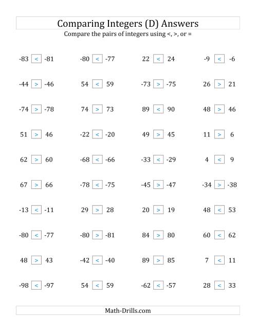 The Comparing Integers in Close Proximity from -99 to 99 (D) Math Worksheet Page 2