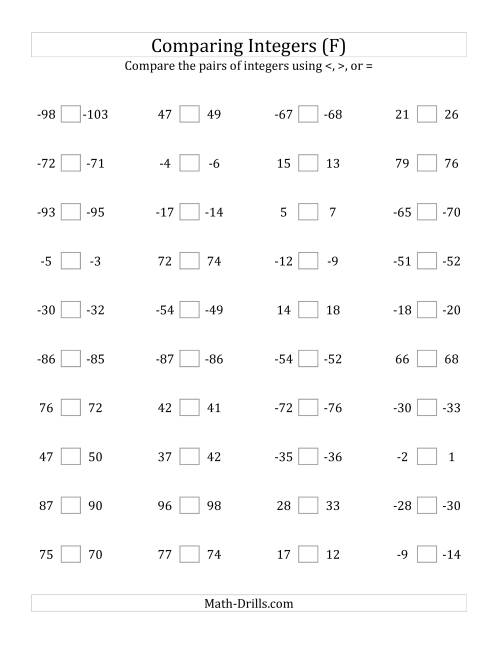 The Comparing Integers in Close Proximity from -99 to 99 (F) Math Worksheet