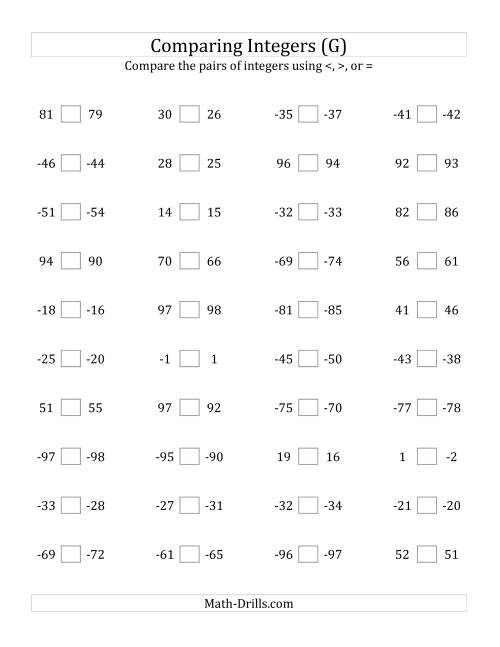 The Comparing Integers in Close Proximity from -99 to 99 (G) Math Worksheet