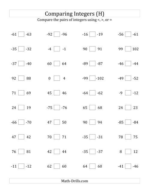 The Comparing Integers in Close Proximity from -99 to 99 (H) Math Worksheet