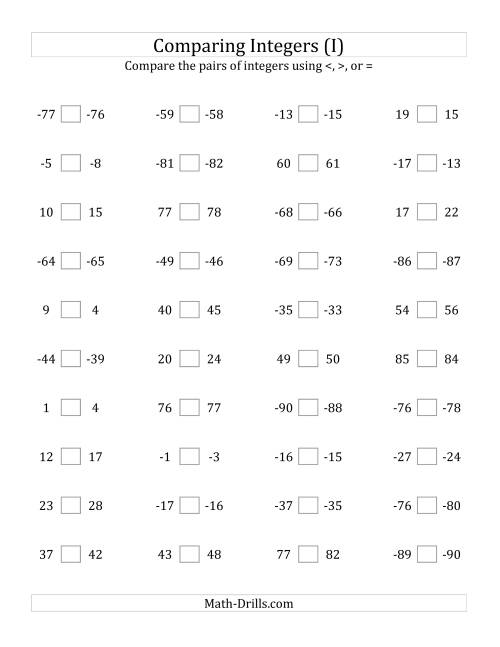 The Comparing Integers in Close Proximity from -99 to 99 (I) Math Worksheet