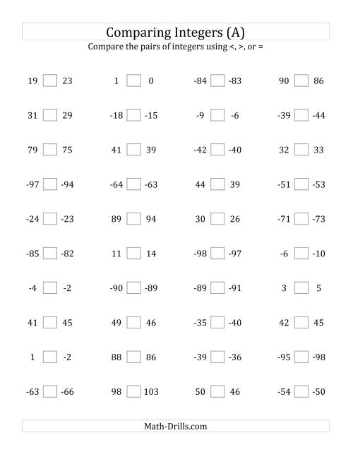 The Comparing Integers in Close Proximity from -99 to 99 (All) Math Worksheet