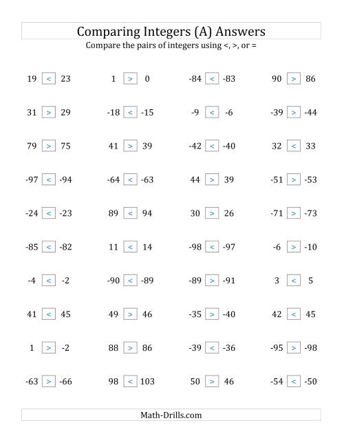 The Comparing Integers in Close Proximity from -99 to 99 (All) Math Worksheet Page 2