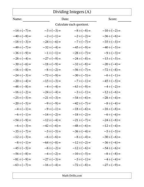 The Dividing Integers -- Positive Divided by a Negative (Range -9 to 9) (A) Math Worksheet