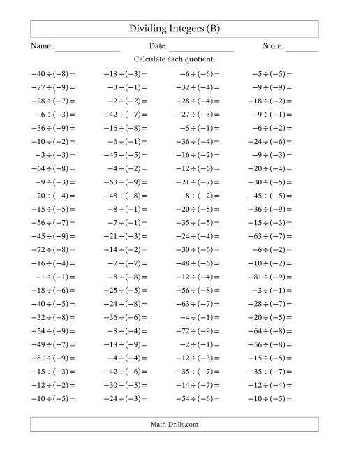 The Dividing Negative by Negative Integers from -9 to 9 (100 Questions) (B) Math Worksheet