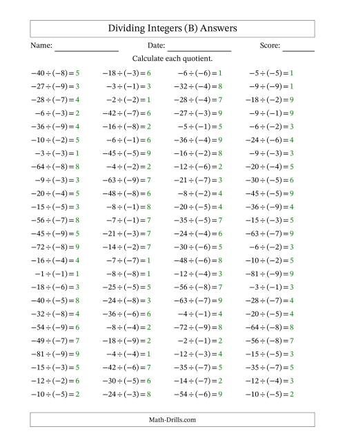 The Dividing Negative by Negative Integers from -9 to 9 (100 Questions) (B) Math Worksheet Page 2