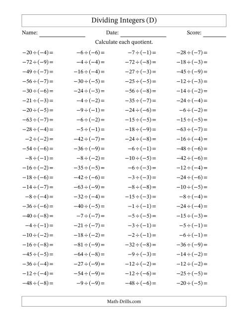 The Dividing Integers -- Positive Divided by a Negative (Range -9 to 9) (D) Math Worksheet