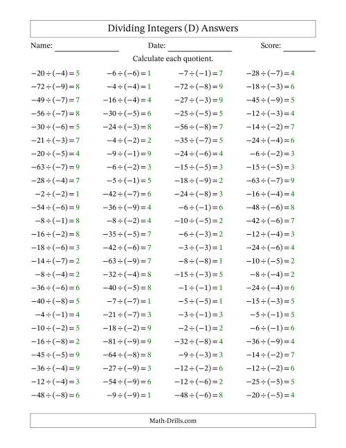 The Dividing Negative by Negative Integers from -9 to 9 (100 Questions) (D) Math Worksheet Page 2
