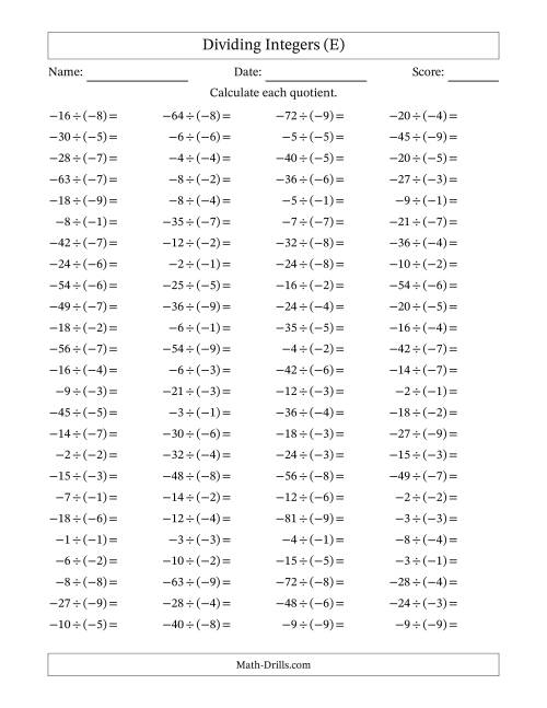 The Dividing Negative by Negative Integers from -9 to 9 (100 Questions) (E) Math Worksheet