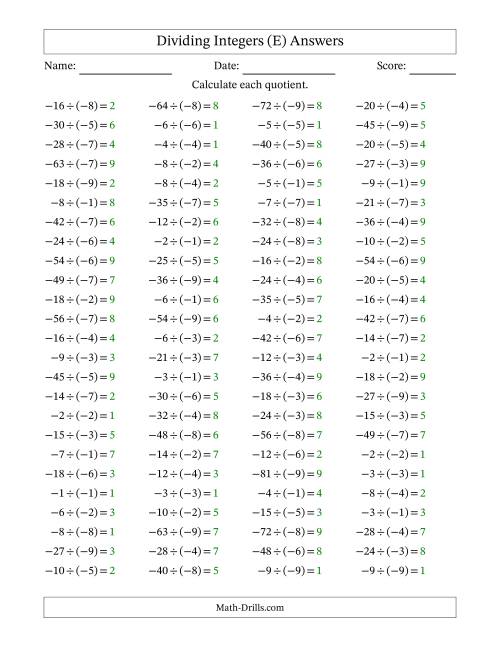 The Dividing Negative by Negative Integers from -9 to 9 (100 Questions) (E) Math Worksheet Page 2