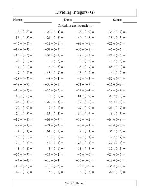 The Dividing Negative by Negative Integers from -9 to 9 (100 Questions) (G) Math Worksheet