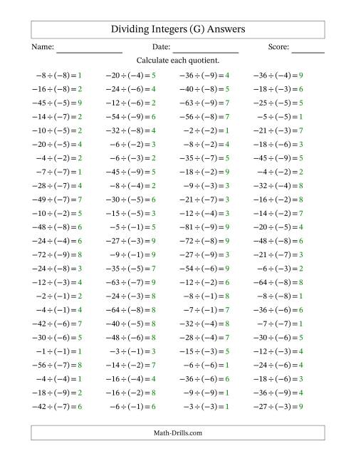 The Dividing Integers -- Positive Divided by a Negative (Range -9 to 9) (G) Math Worksheet Page 2