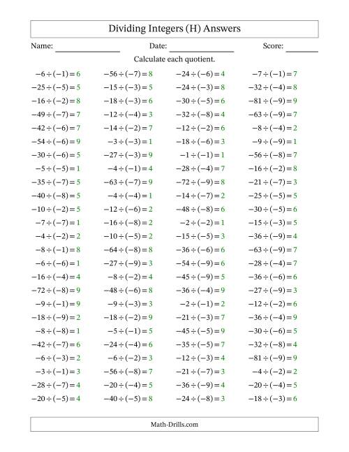 The Dividing Integers -- Positive Divided by a Negative (Range -9 to 9) (H) Math Worksheet Page 2