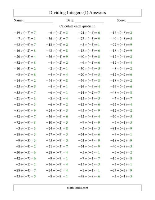The Dividing Negative by Negative Integers from -9 to 9 (100 Questions) (I) Math Worksheet Page 2