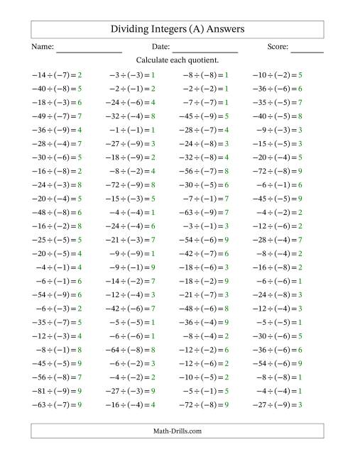 The Dividing Integers -- Positive Divided by a Negative (Range -9 to 9) (All) Math Worksheet Page 2