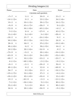 Dividing Mixed Integers from -9 to 9 (100 Questions)