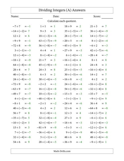 The Dividing Integers -- Mixture (Range -9 to 9) (A) Math Worksheet Page 2