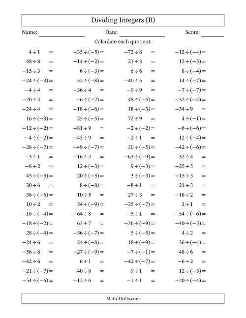 The Dividing Mixed Integers from -9 to 9 (100 Questions) (B) Math Worksheet