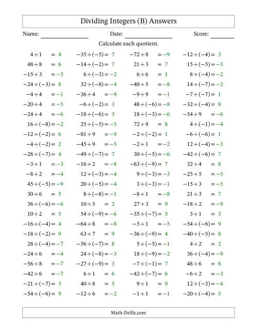 The Dividing Mixed Integers from -9 to 9 (100 Questions) (B) Math Worksheet Page 2