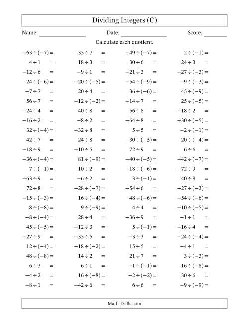 The Dividing Mixed Integers from -9 to 9 (100 Questions) (C) Math Worksheet