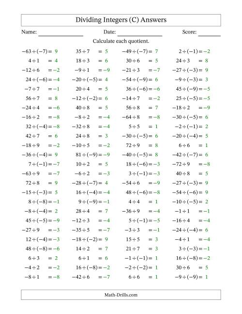 The Dividing Mixed Integers from -9 to 9 (100 Questions) (C) Math Worksheet Page 2