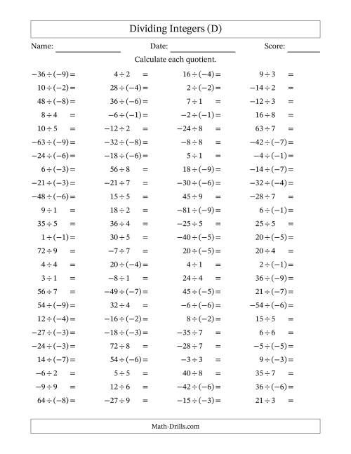 The Dividing Mixed Integers from -9 to 9 (100 Questions) (D) Math Worksheet