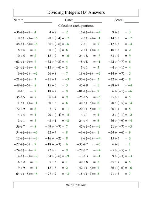 The Dividing Mixed Integers from -9 to 9 (100 Questions) (D) Math Worksheet Page 2