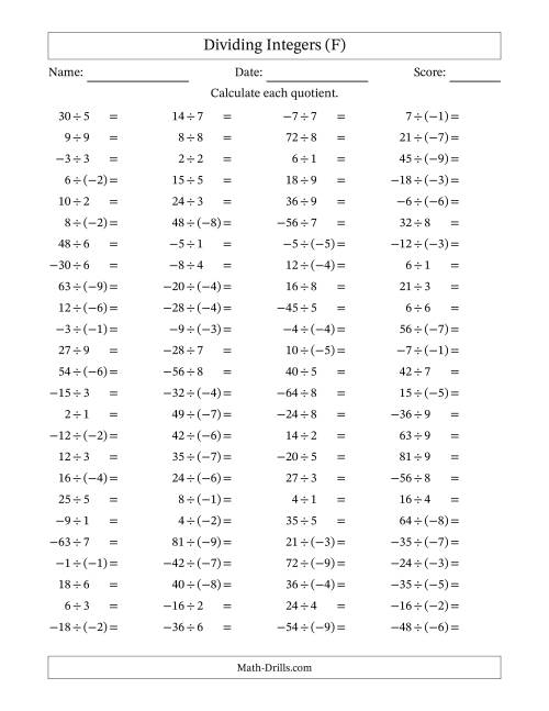The Dividing Mixed Integers from -9 to 9 (100 Questions) (F) Math Worksheet