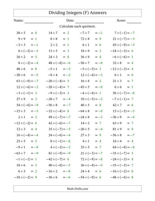 The Dividing Mixed Integers from -9 to 9 (100 Questions) (F) Math Worksheet Page 2