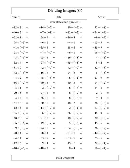 The Dividing Mixed Integers from -9 to 9 (100 Questions) (G) Math Worksheet